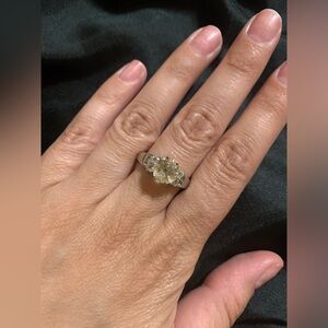 2.09CT YELLOW LABRADORITE -.64CTW WHITE TOPAZ RHODIUM OVER SILVER RING- SZ 11